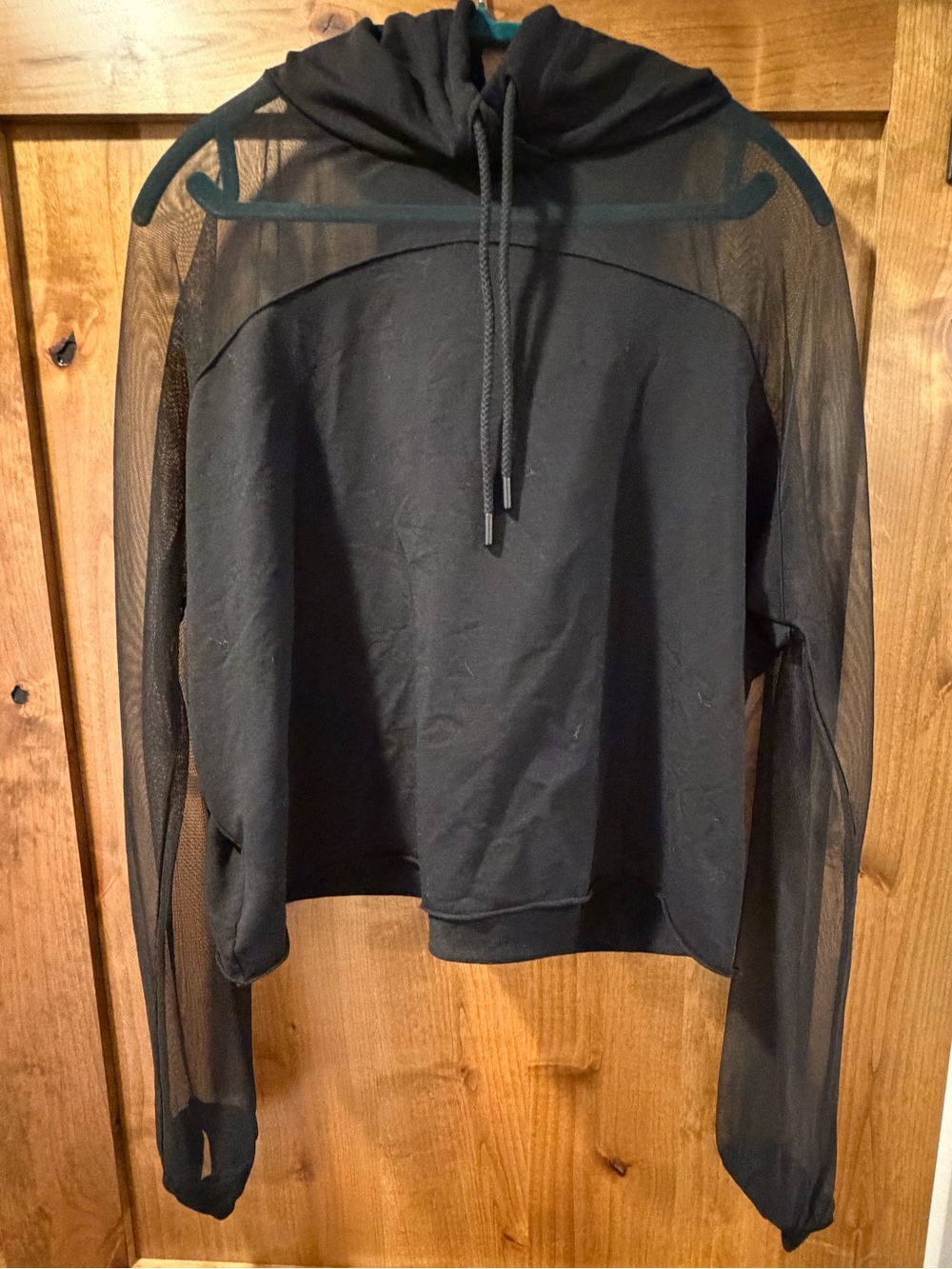 Marcella NYC Park Sheer Hoodie Black Mesh Sleeve French Terry